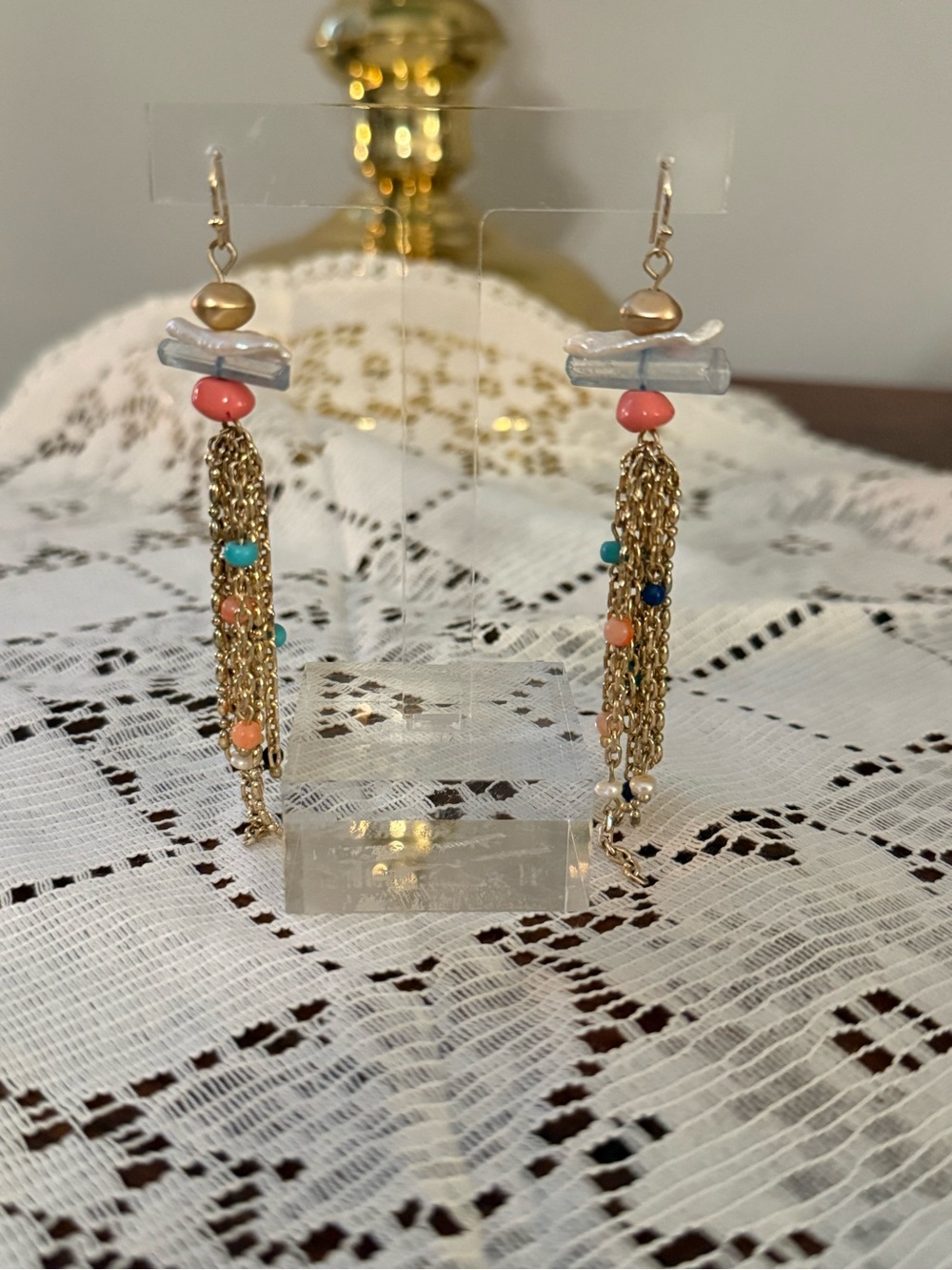 Handcrafted Gold-Tone Tassel Earrings with Coral & Turquoise Beads